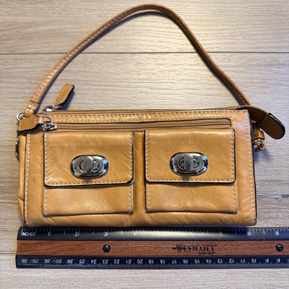 Nordstrom Tan Leather Zippered Clutch with Multiple Compartments and Strap - Picture 9 of 11